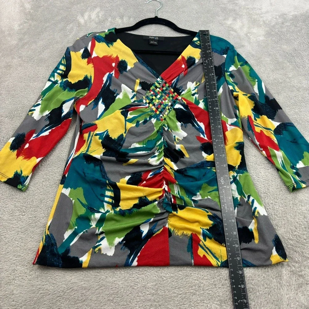 VTG Style & Co Mesh Top Womens Petite L Multicolor Nylon Stretch Artsy Y2K Wacky